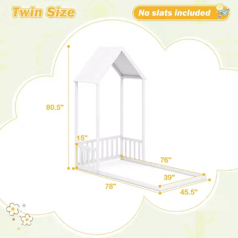 Twin Size House Bed Montessori Floor Bed with House Shape Roof & Semi-Fence, Natural/White/Gray