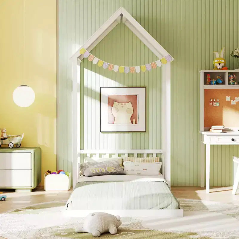 Twin Size House Bed Montessori Floor Bed with House Shape Roof & Semi-Fence, Natural/White/Gray