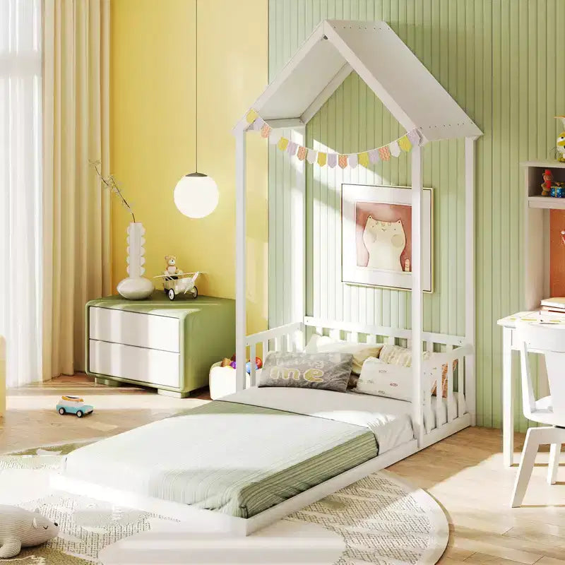 Twin Size House Bed Montessori Floor Bed with House Shape Roof & Semi-Fence, Natural/White/Gray