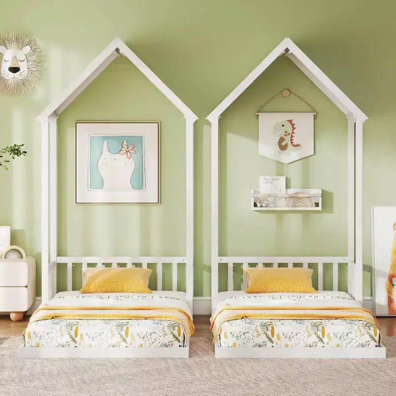 Twin Size House Bed Montessori Floor Bed with House Shape Roof & Semi-Fence, Natural/White/Gray