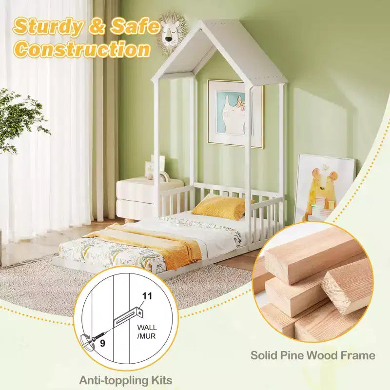 Twin Size House Bed Montessori Floor Bed with House Shape Roof & Semi-Fence, Natural/White/Gray