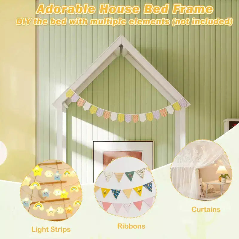 Twin Size House Bed Montessori Floor Bed with House Shape Roof & Semi-Fence, Natural/White/Gray