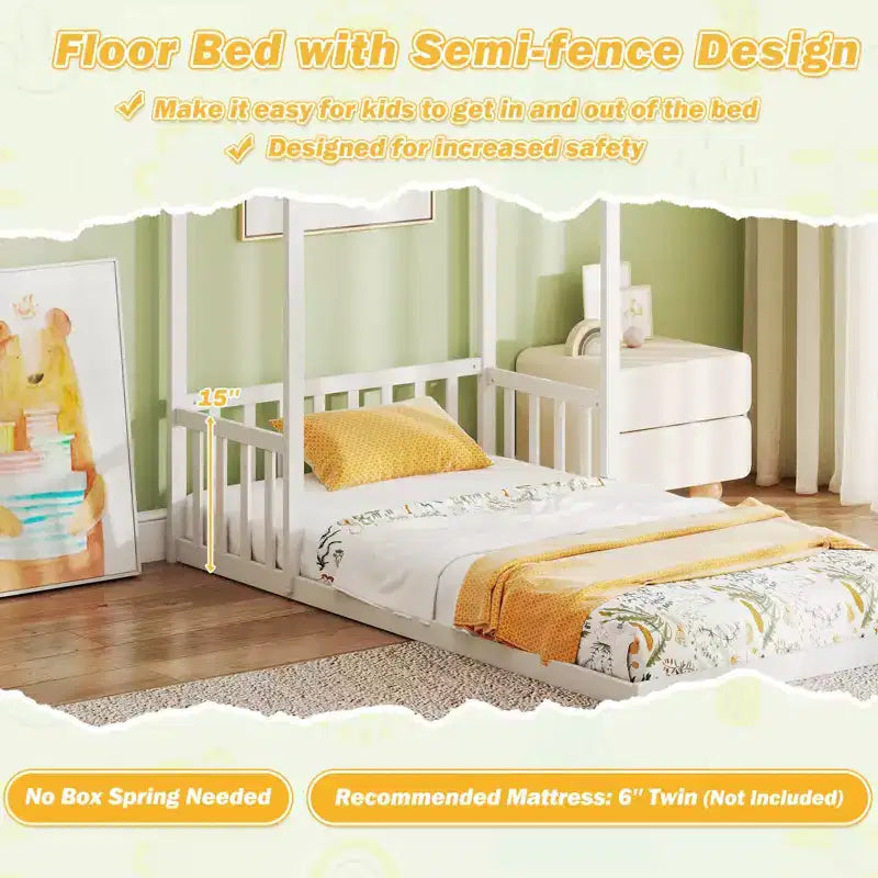 Twin Size House Bed Montessori Floor Bed with House Shape Roof & Semi-Fence, Natural/White/Gray