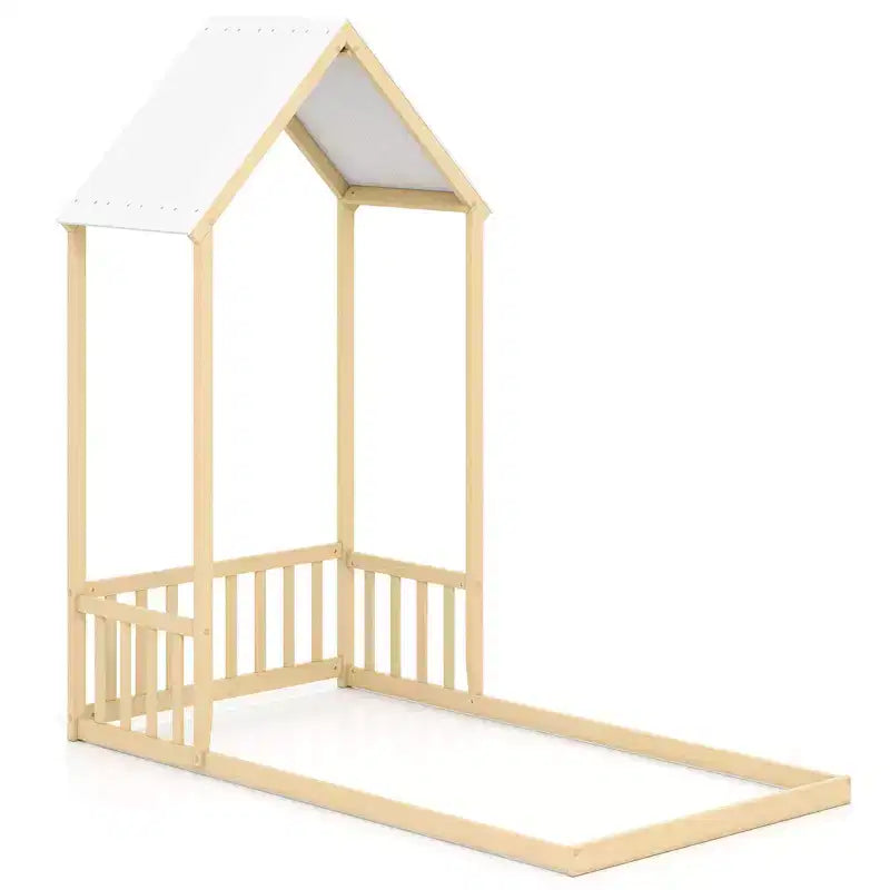 Twin Size House Bed Montessori Floor Bed with House Shape Roof & Semi-Fence, Natural/White/Gray