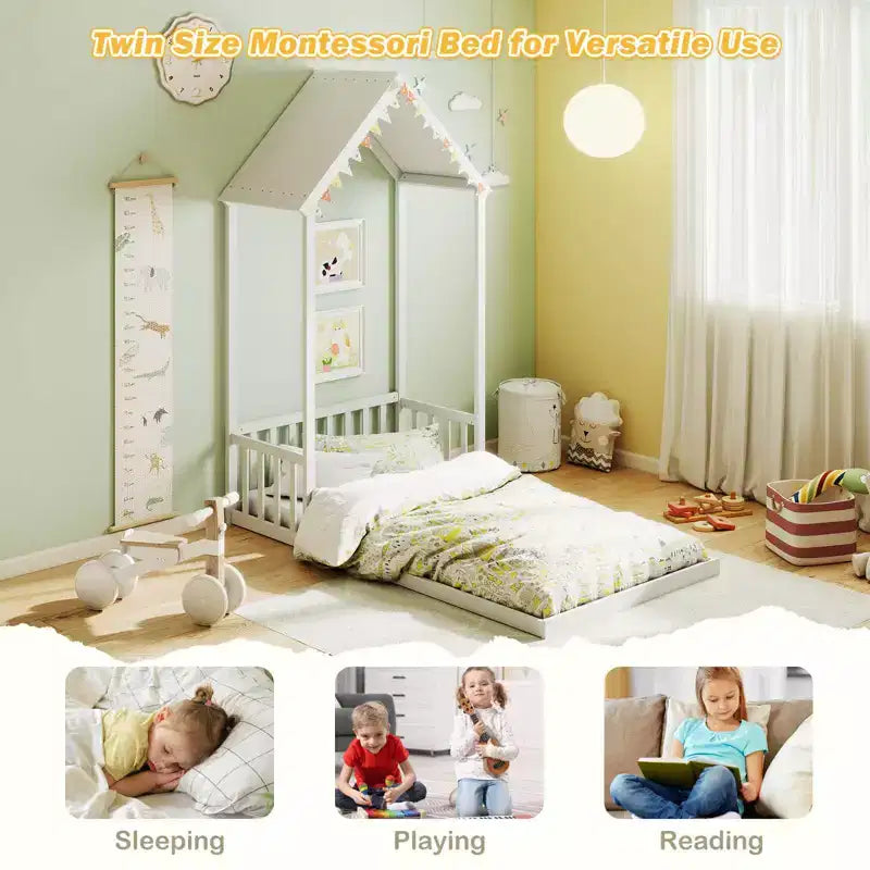 Twin Size House Bed Montessori Floor Bed with House Shape Roof & Semi-Fence, Natural/White/Gray