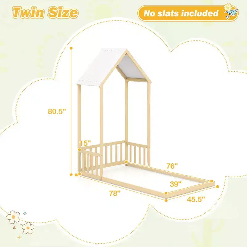 Twin Size House Bed Montessori Floor Bed with House Shape Roof & Semi-Fence, Natural/White/Gray