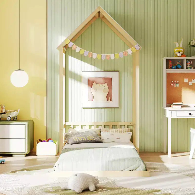 Twin Size House Bed Montessori Floor Bed with House Shape Roof & Semi-Fence, Natural/White/Gray
