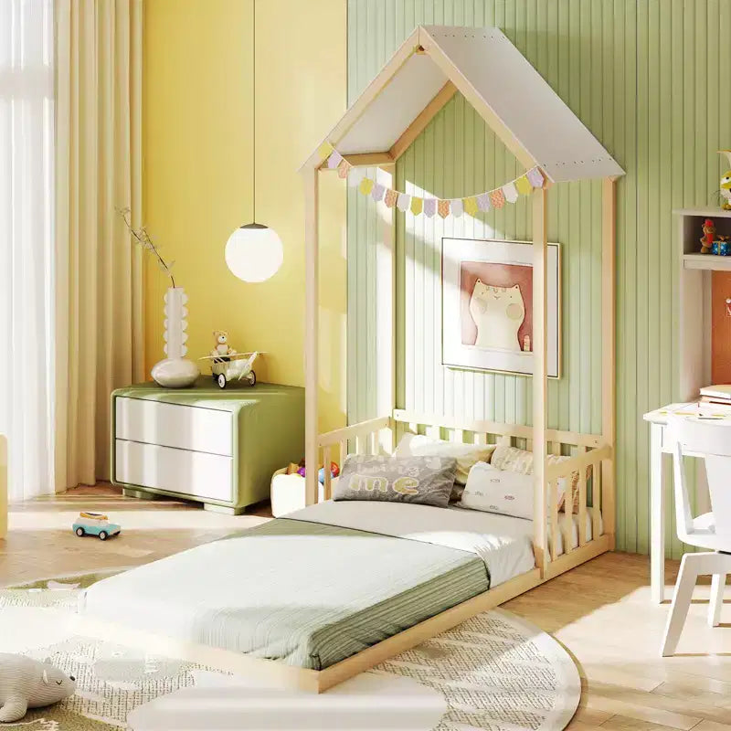 Twin Size House Bed Montessori Floor Bed with House Shape Roof & Semi-Fence, Natural/White/Gray