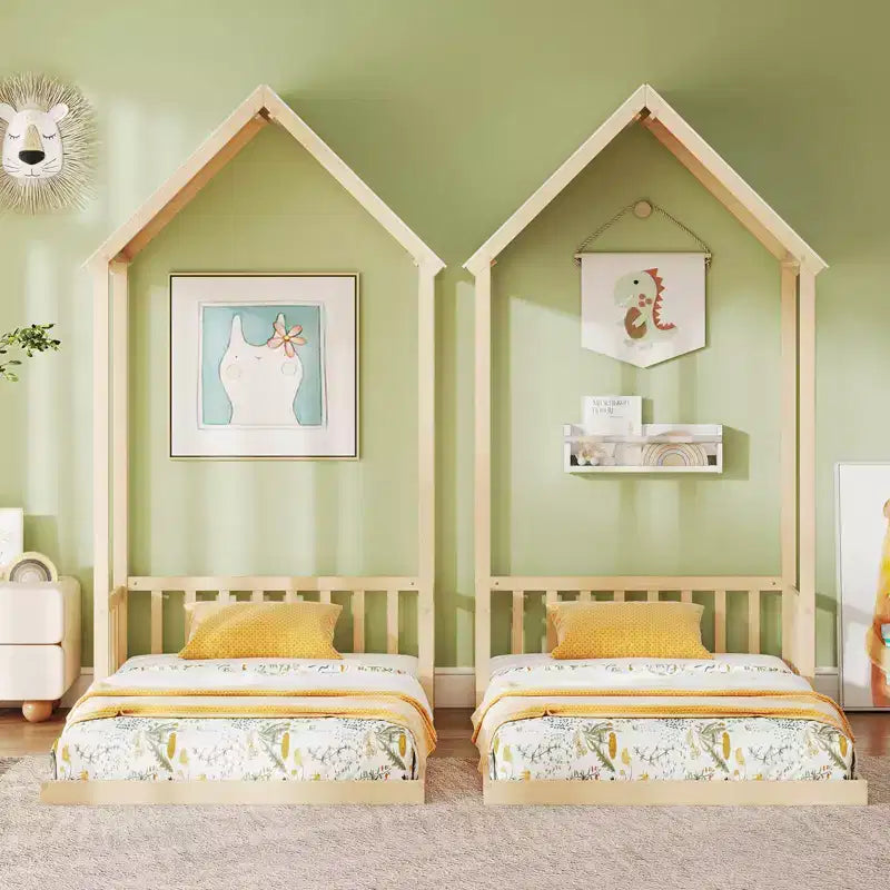 Twin Size House Bed Montessori Floor Bed with House Shape Roof & Semi-Fence, Natural/White/Gray