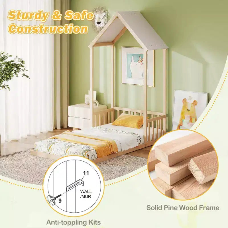 Twin Size House Bed Montessori Floor Bed with House Shape Roof & Semi-Fence, Natural/White/Gray