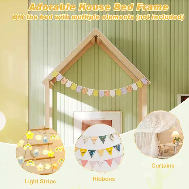 Twin Size House Bed Montessori Floor Bed with House Shape Roof & Semi-Fence, Natural/White/Gray