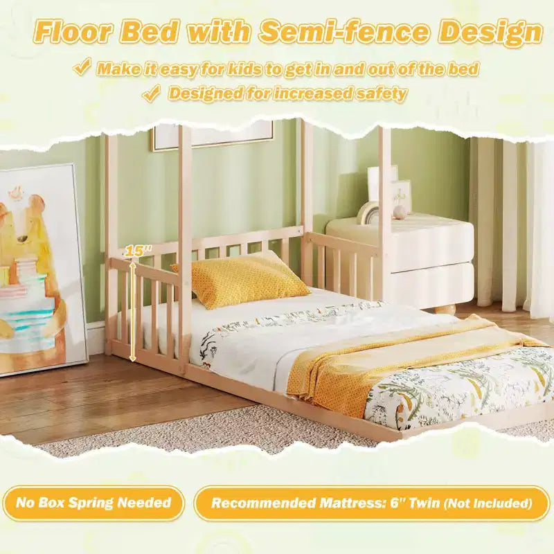 Twin Size House Bed Montessori Floor Bed with House Shape Roof & Semi-Fence, Natural/White/Gray