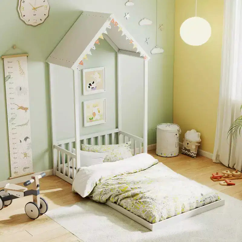 Twin Size House Bed Montessori Floor Bed with House Shape Roof & Semi-Fence, Natural/White/Gray