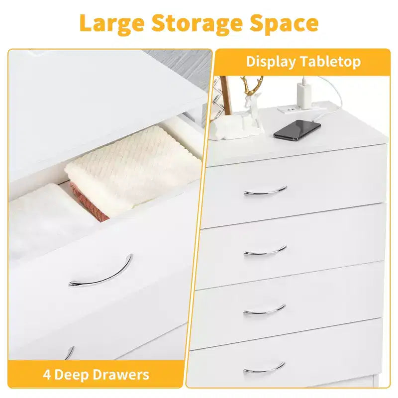 4-Drawer Nightstand with USB Ports & Outlet, White