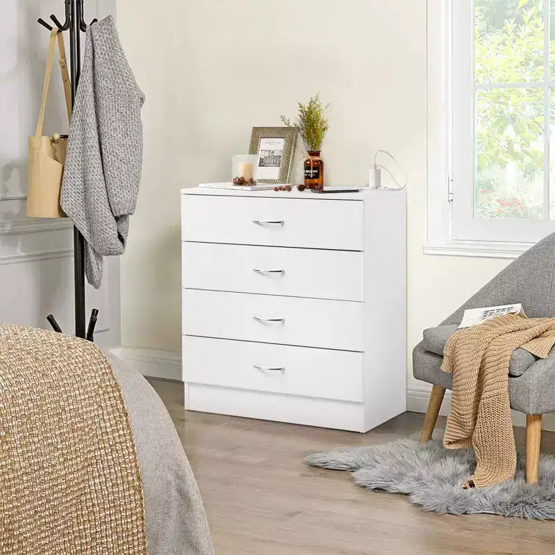 4-Drawer Nightstand with USB Ports & Outlet, White