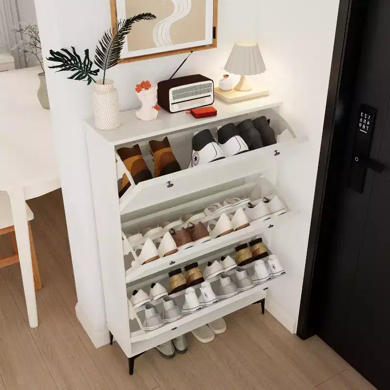 Stylish Shoe Cabinet with 3 Flip Drawers and Independent Legs, Narrow Shoe Cabinet for Living Room, Hallway, Glossy White