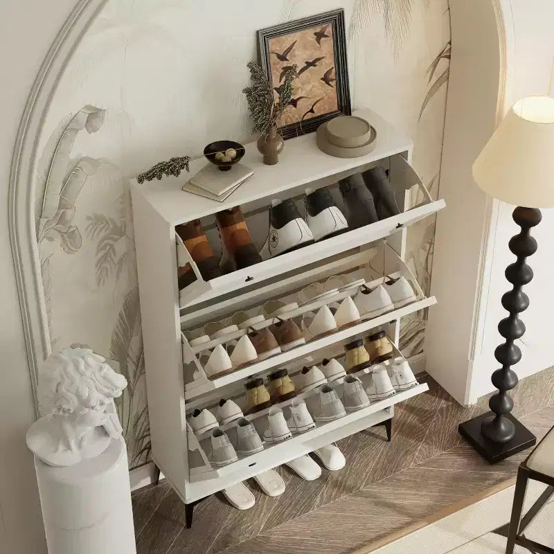 Stylish Shoe Cabinet with 3 Flip Drawers and Independent Legs, Narrow Shoe Cabinet for Living Room, Hallway, Glossy White