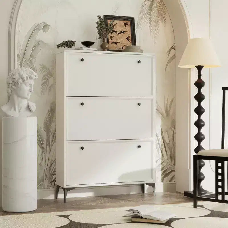 Stylish Shoe Cabinet with 3 Flip Drawers and Independent Legs, Narrow Shoe Cabinet for Living Room, Hallway, Glossy White