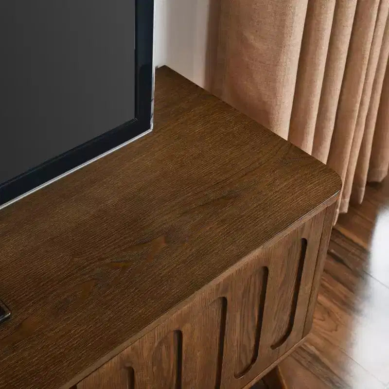Fluted TV Stand for 50-65 Inch TVs, Mid Century Modern Media Entertainment Center with 2 Door, Drawer & Hard Wood Leg