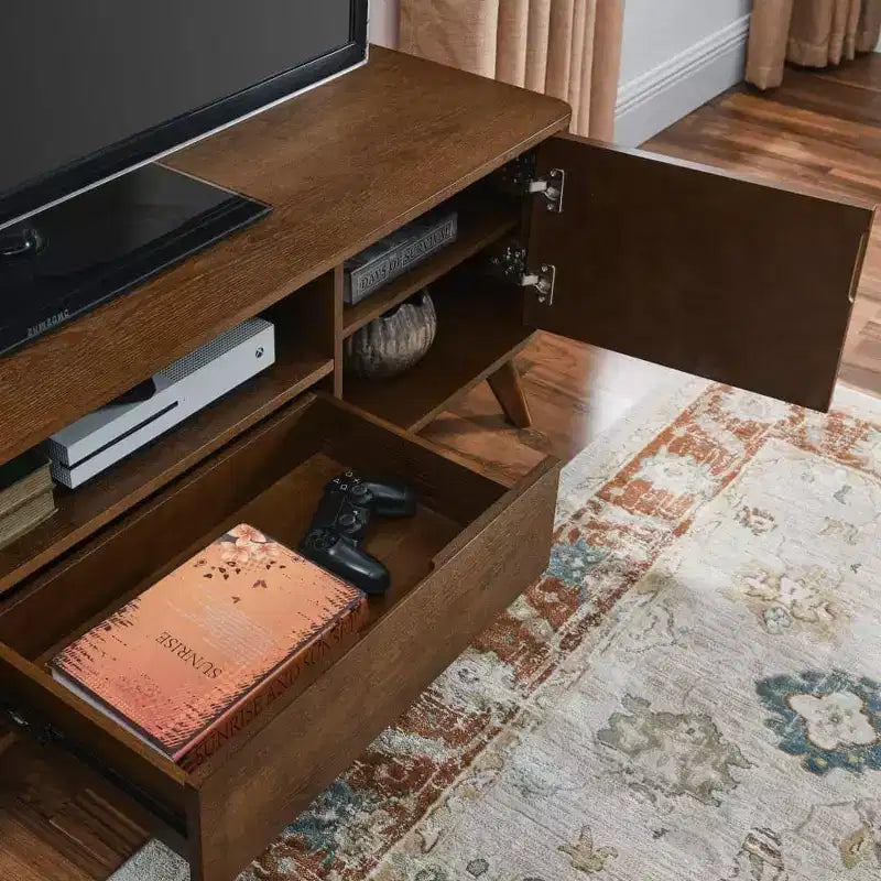 Fluted TV Stand for 50-65 Inch TVs, Mid Century Modern Media Entertainment Center with 2 Door, Drawer & Hard Wood Leg