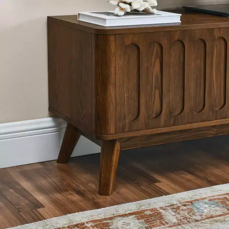 Fluted TV Stand for 50-65 Inch TVs, Mid Century Modern Media Entertainment Center with 2 Door, Drawer & Hard Wood Leg