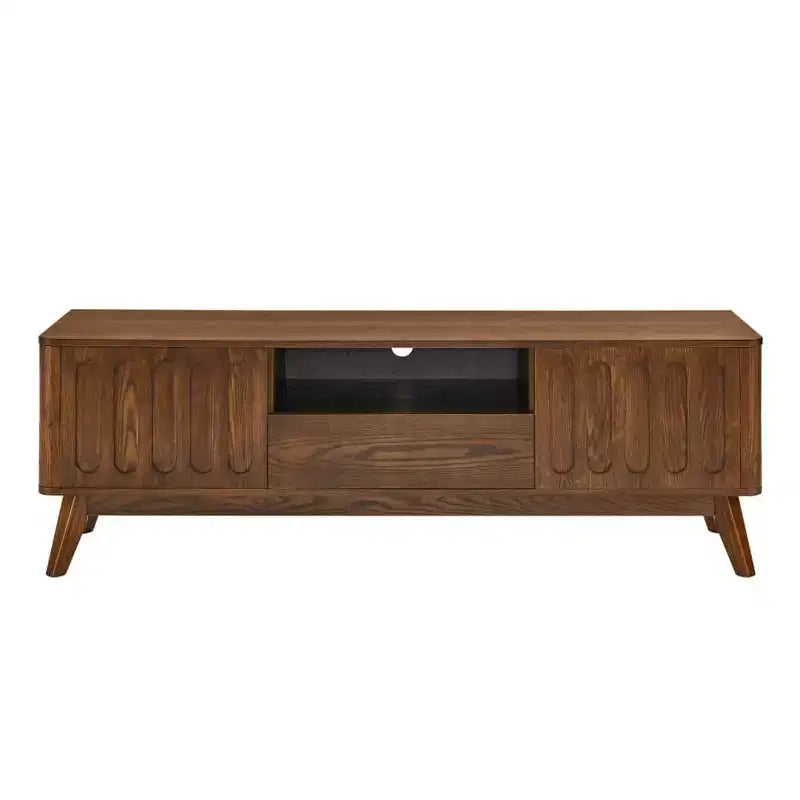 Fluted TV Stand for 50-65 Inch TVs, Mid Century Modern Media Entertainment Center with 2 Door, Drawer & Hard Wood Leg