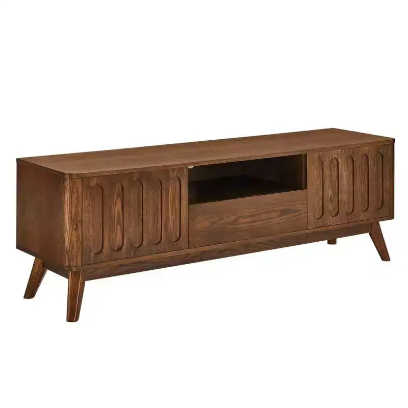 Fluted TV Stand for 50-65 Inch TVs, Mid Century Modern Media Entertainment Center with 2 Door, Drawer & Hard Wood Leg