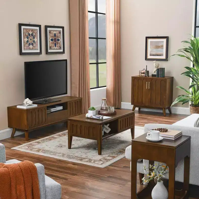 Fluted TV Stand for 50-65 Inch TVs, Mid Century Modern Media Entertainment Center with 2 Door, Drawer & Hard Wood Leg