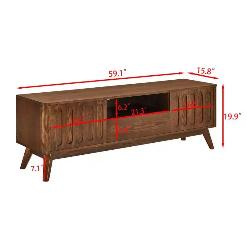 Fluted TV Stand for 50-65 Inch TVs, Mid Century Modern Media Entertainment Center with 2 Door, Drawer & Hard Wood Leg