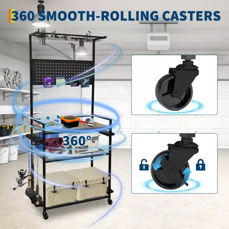Fishing Rod Holders for Garage, Fishing Rod Rack Storage up to 12 Rods, Heavy Duty Metal Fish Pole Organizer with Pegboard and Wheels for Fish Gear