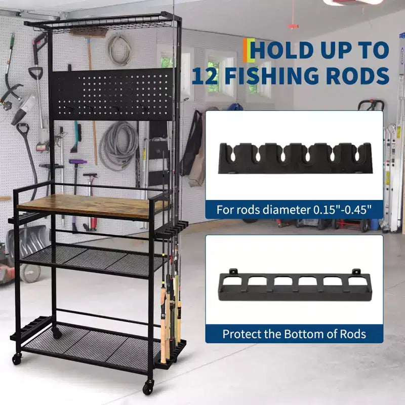 Fishing Rod Holders for Garage, Fishing Rod Rack Storage up to 12 Rods, Heavy Duty Metal Fish Pole Organizer with Pegboard and Wheels for Fish Gear