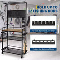 Supports de cannes à pêche pour garage, rangement jusqu'à 12 cannes, organisateur robuste en métal avec panneau perforé et roues pour matériel de pêche