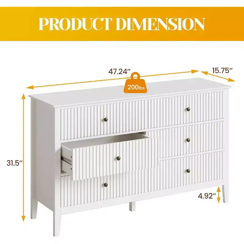 Fluted 6-Drawer Dresser with Soft-Close Drawers, Modern Closet Organizer, White