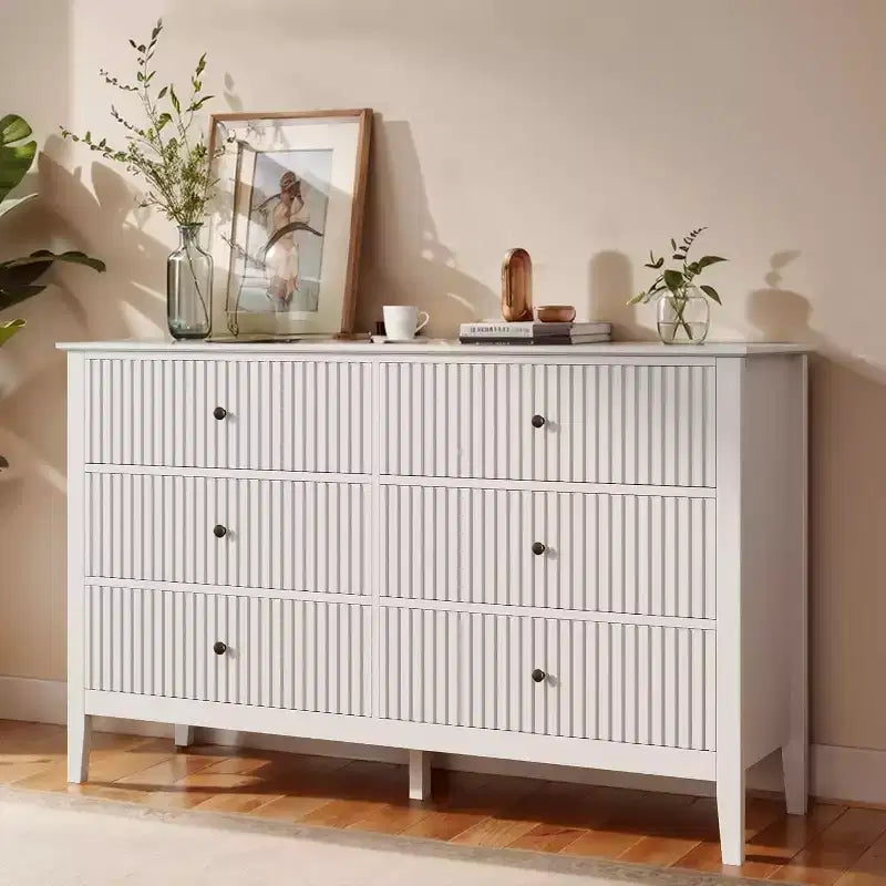 Fluted 6-Drawer Dresser with Soft-Close Drawers, Modern Closet Organizer, White