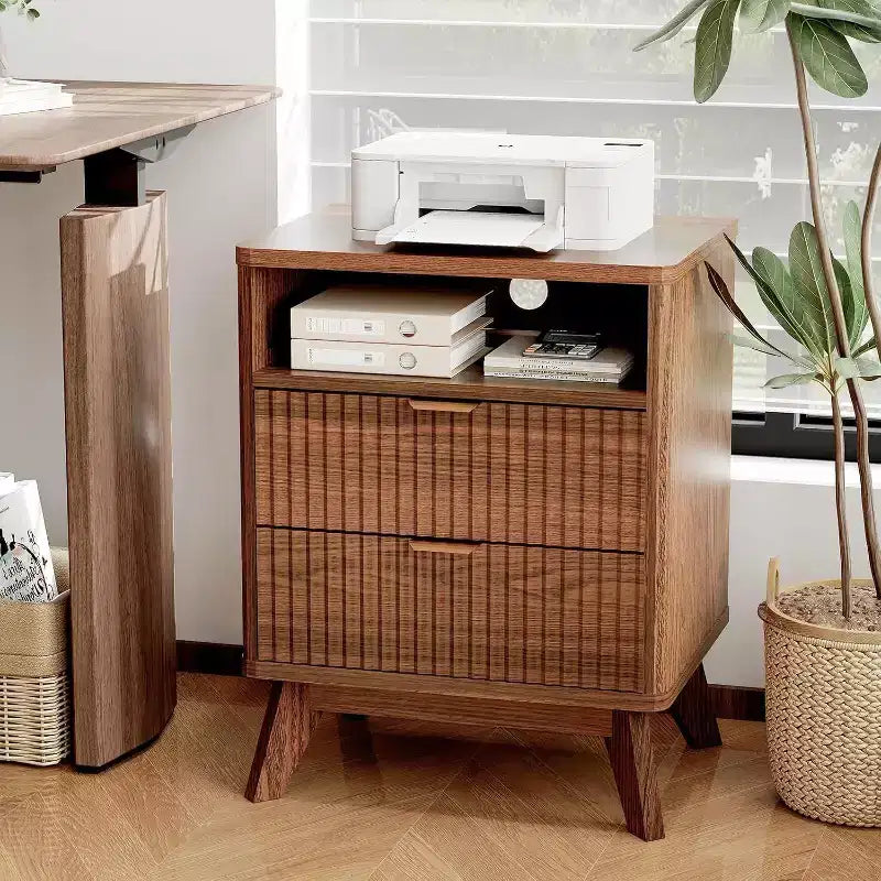 Modern Wave Fluted Nightstand with Charging Station, 2-Drawer End Table with Open Shelf, Bedside Table for Bedroom or Living Room, Stylish Storage