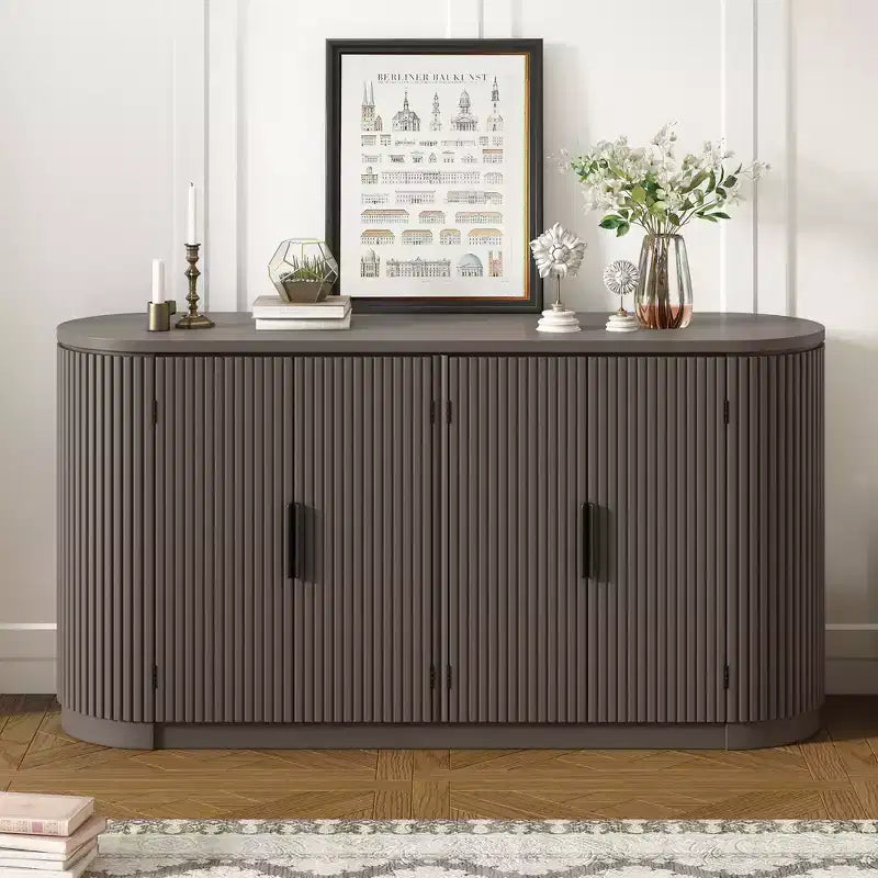 Vertical Striped Door Storage Cabinet with Metal Handles and Adjustable Shelves for Dining Room, Living Room