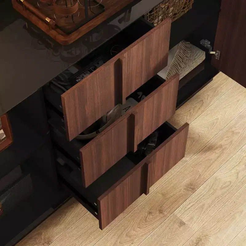 Multifunctional Storage Cabinet Buffet with Sliding Outlets, Black Gloss and Wood Finish