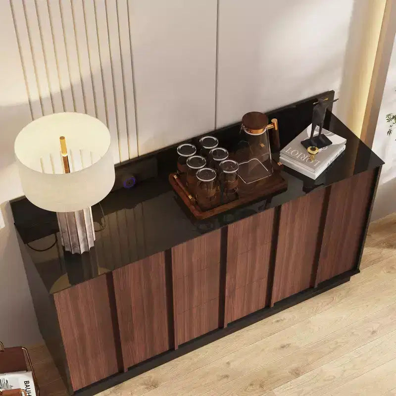 Multifunctional Storage Cabinet Buffet with Sliding Outlets, Black Gloss and Wood Finish