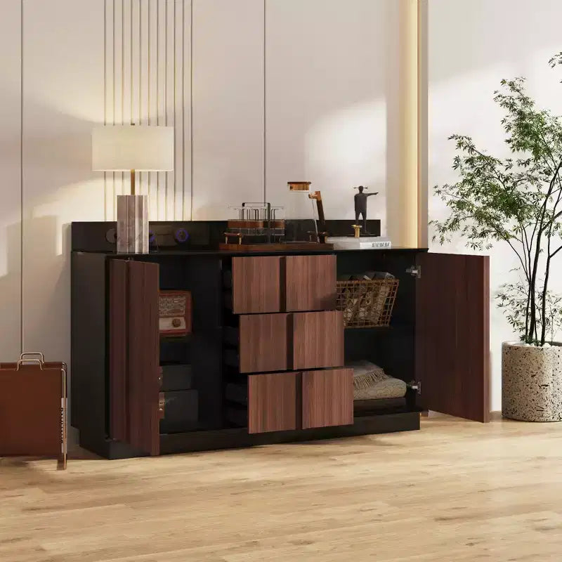 Multifunctional Storage Cabinet Buffet with Sliding Outlets, Black Gloss and Wood Finish