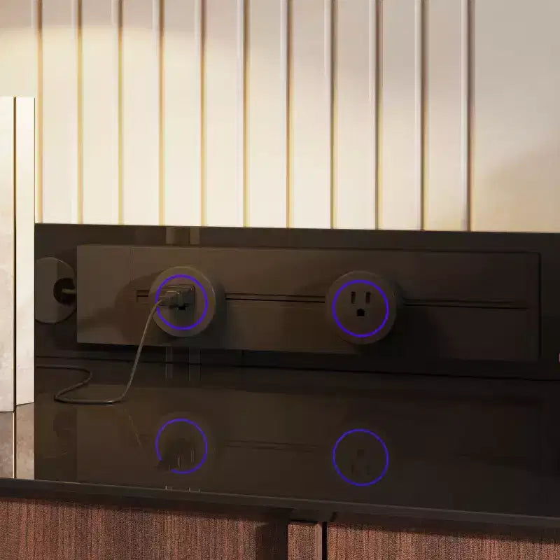 Multifunctional Storage Cabinet Buffet with Sliding Outlets, Black Gloss and Wood Finish
