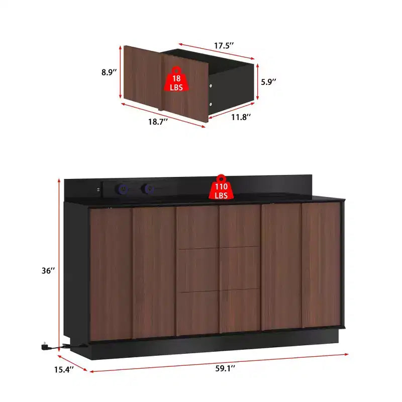 Multifunctional Storage Cabinet Buffet with Sliding Outlets, Black Gloss and Wood Finish