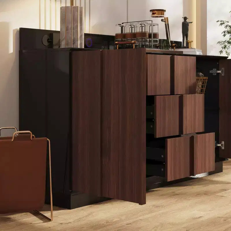 Multifunctional Storage Cabinet Buffet with Sliding Outlets, Black Gloss and Wood Finish
