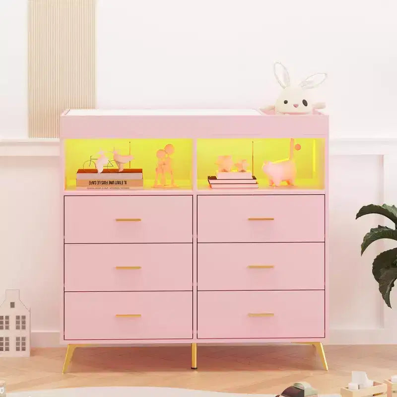 Changing Table Dresser  Multi-Functional Baby Nursery Dresser with LED Lights & Power Outlet (6 Drawers + 2 Shelves)