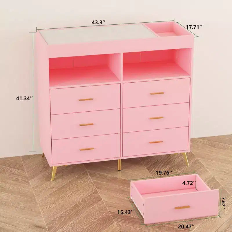 Changing Table Dresser  Multi-Functional Baby Nursery Dresser with LED Lights & Power Outlet (6 Drawers + 2 Shelves)