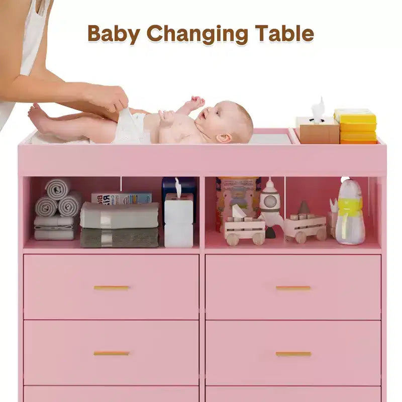 Changing Table Dresser  Multi-Functional Baby Nursery Dresser with LED Lights & Power Outlet (6 Drawers + 2 Shelves)