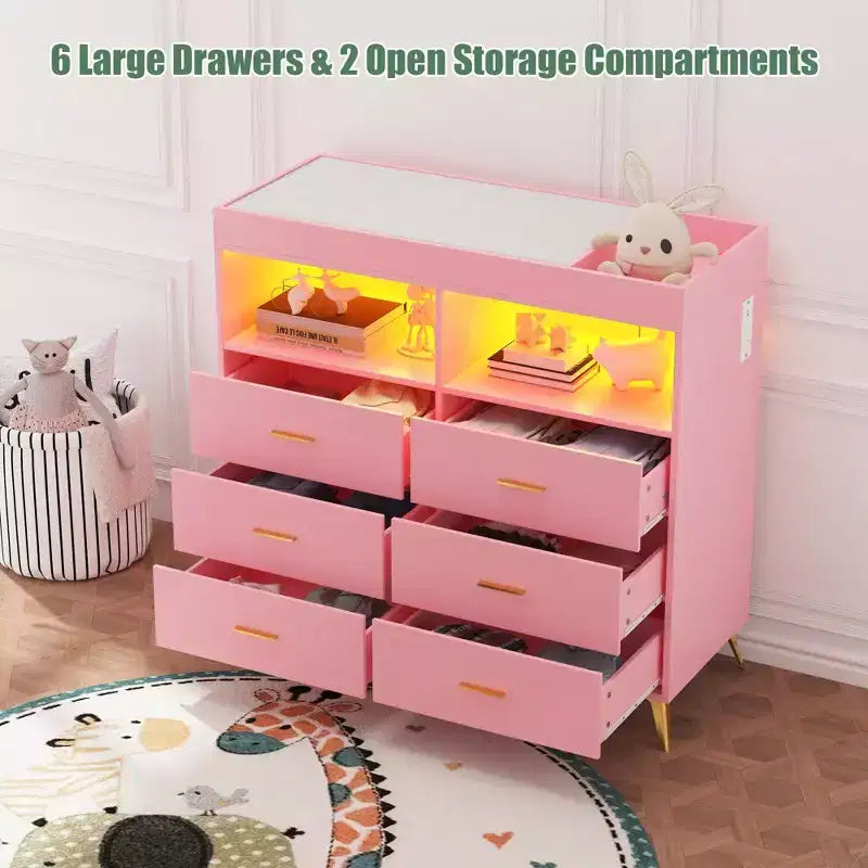 Changing Table Dresser  Multi-Functional Baby Nursery Dresser with LED Lights & Power Outlet (6 Drawers + 2 Shelves)