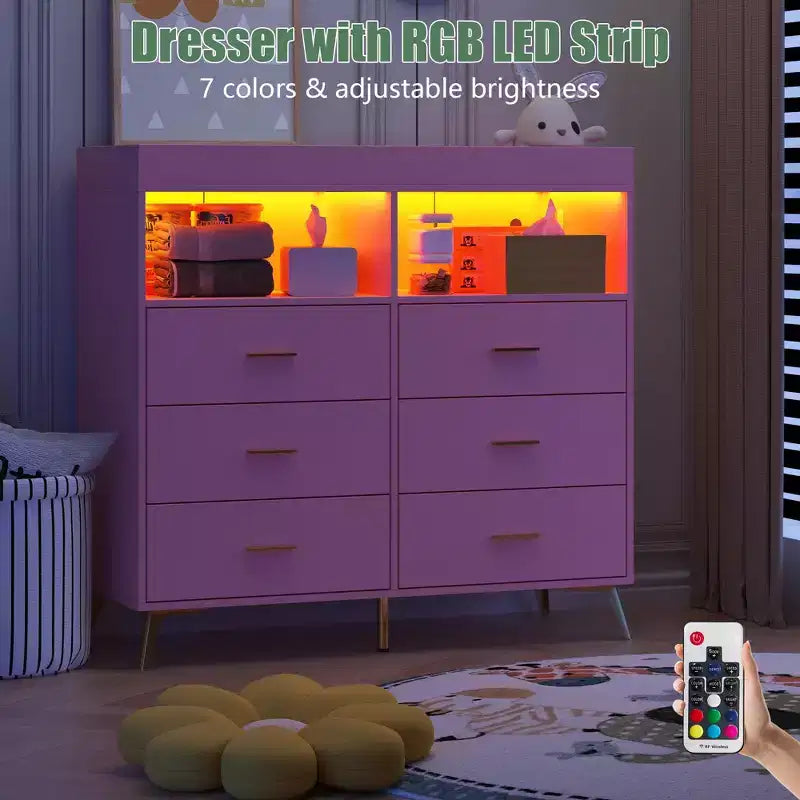 Changing Table Dresser  Multi-Functional Baby Nursery Dresser with LED Lights & Power Outlet (6 Drawers + 2 Shelves)