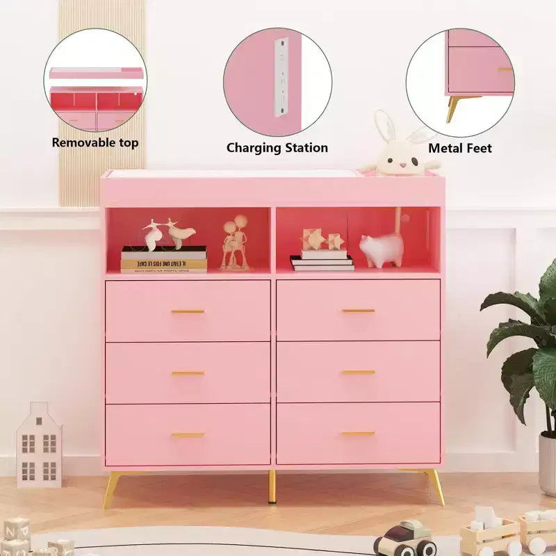 Changing Table Dresser  Multi-Functional Baby Nursery Dresser with LED Lights & Power Outlet (6 Drawers + 2 Shelves)