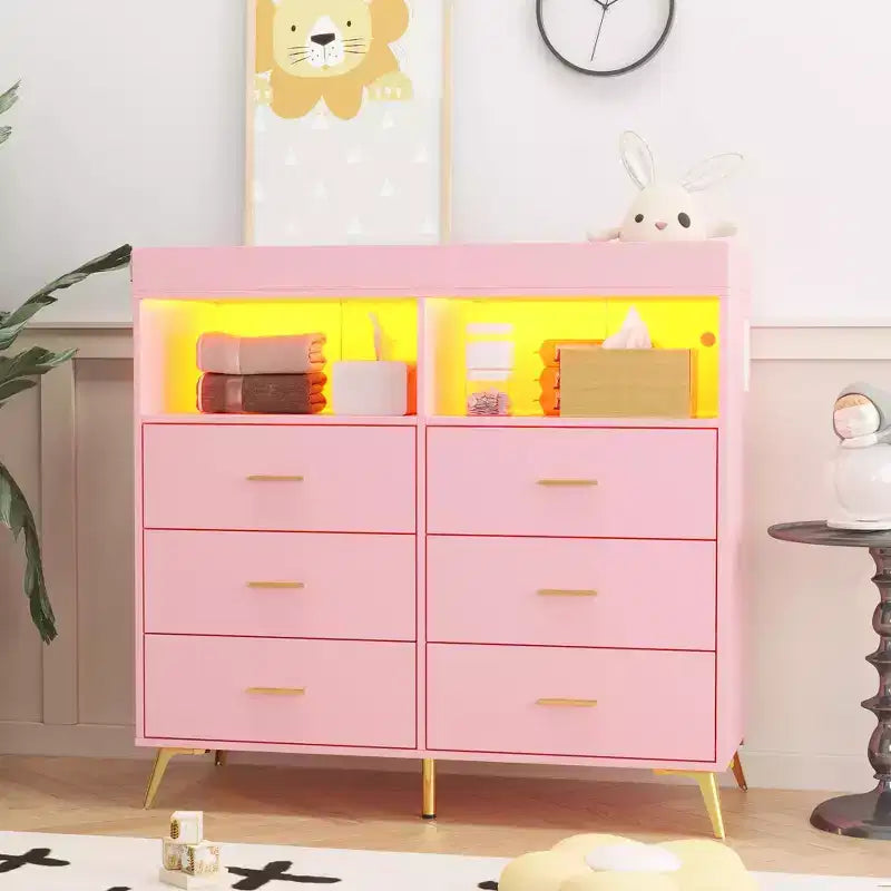 Changing Table Dresser  Multi-Functional Baby Nursery Dresser with LED Lights & Power Outlet (6 Drawers + 2 Shelves)