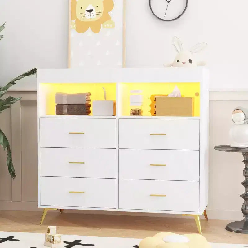 Changing Table Dresser  Multi-Functional Baby Nursery Dresser with LED Lights & Power Outlet (6 Drawers + 2 Shelves)
